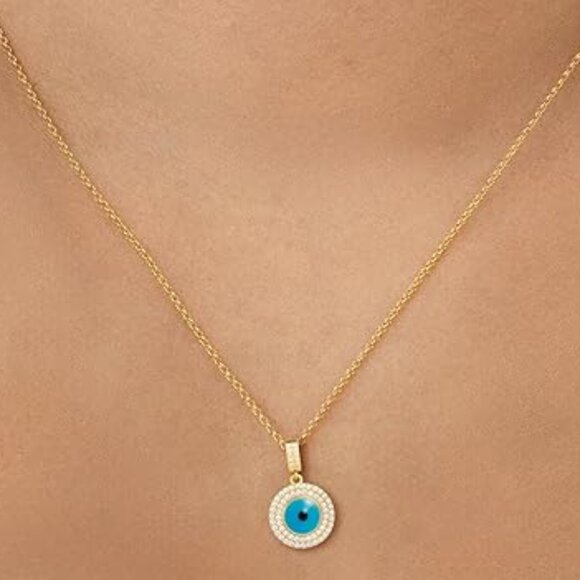 Neiman Marcus 14K Gold Plated Gold Evil Eye Mother of Pearl CZ Necklace - Picture 2 of 3